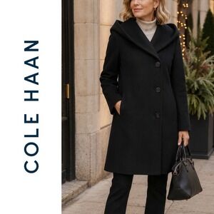 NWT, Cole Haan Signature, Black Hooded Wool Blend Coat 351SW122 Womens Size 14